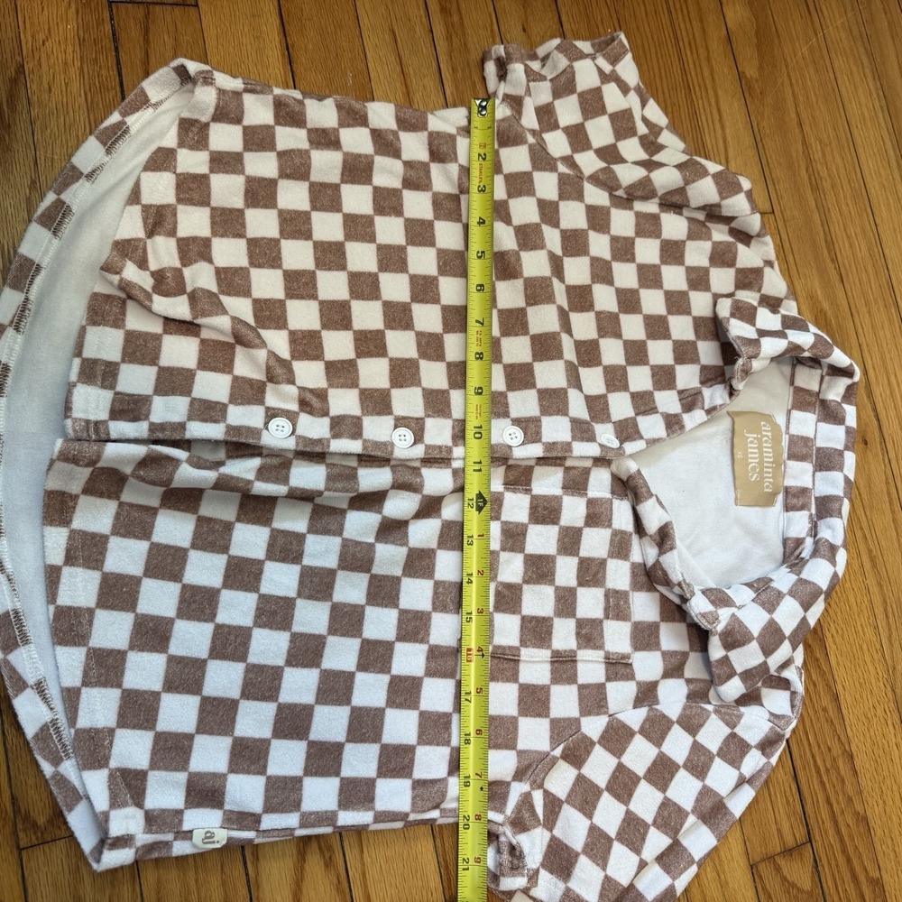Araminta James Terry Button Down Short Sleeve Shirt Retro Check Brown Size XS - Picture 6 of 7